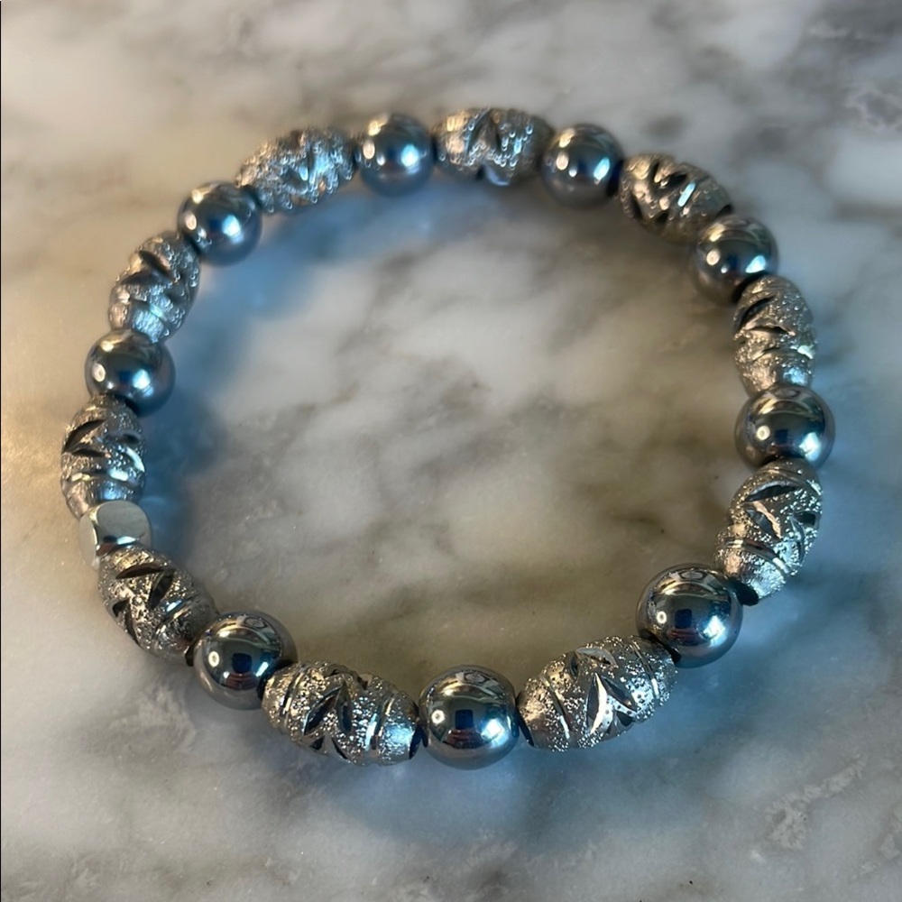 Silver hematite Beaded Bracelet with Intricate Patterns